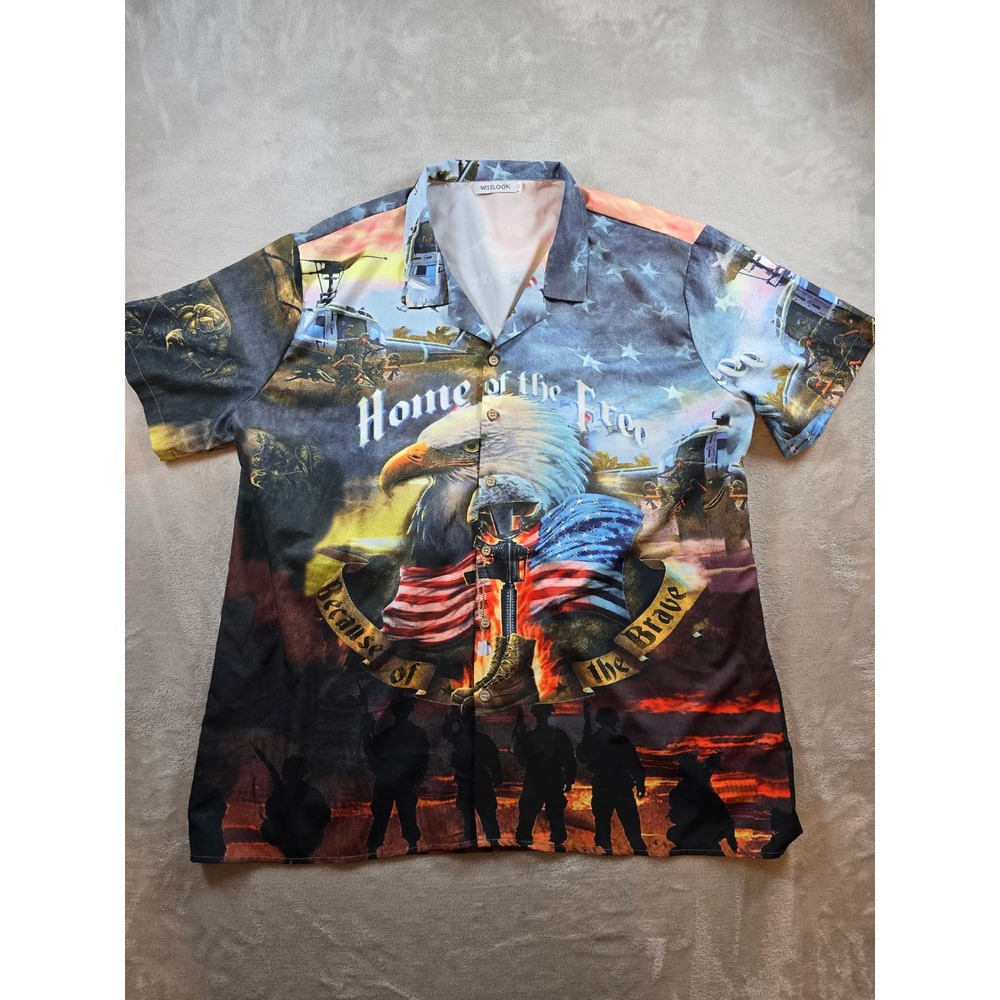 MISSLOOK Shirt Mens 3XL Patriotic Eagle Graphic Button Up Shirt Military Theme
